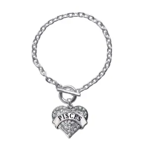 Silver Pisces Zodiac Pave Heart Charm Toggle Bracelet