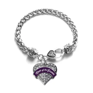 Silver Plum Mom of Groom Pave Heart Charm Braided Bracelet