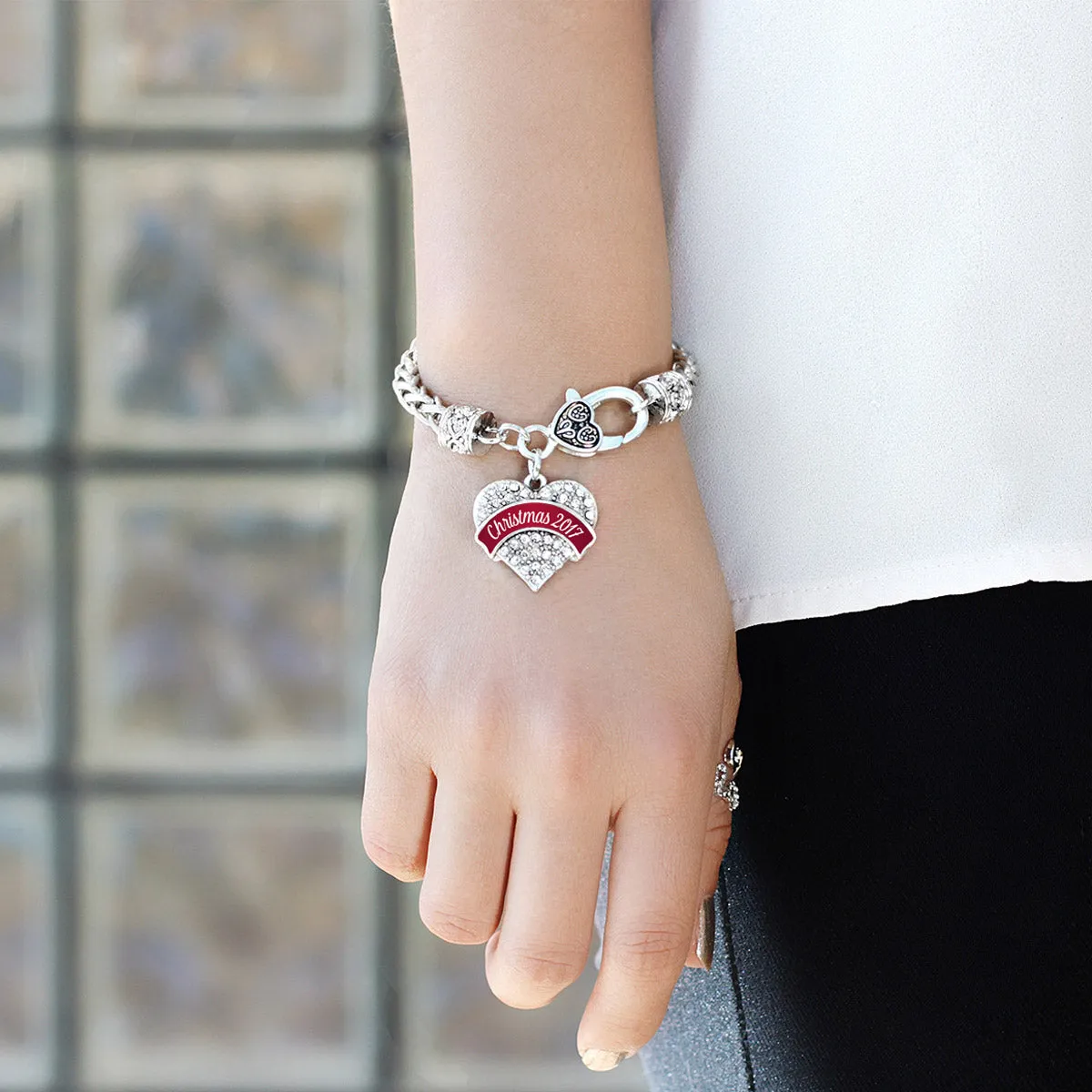 Silver Red Christmas 2017 Pave Heart Charm Braided Bracelet