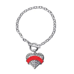 Silver Red Ribbon Support Pave Heart Charm Toggle Bracelet