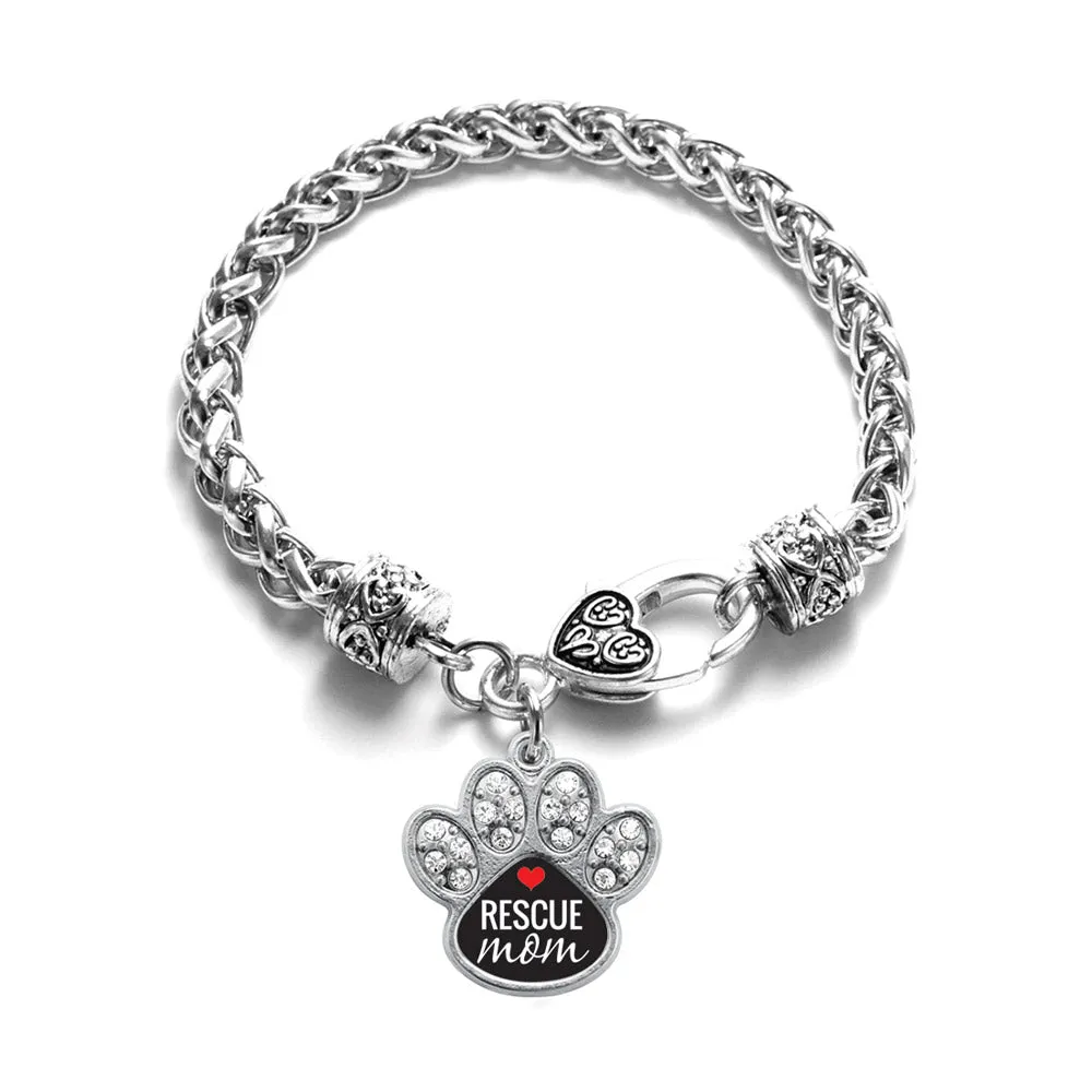 Silver Rescue Mom Pave Paw Charm Braided Bracelet
