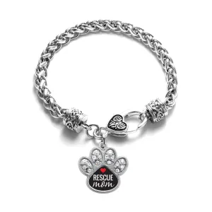 Silver Rescue Mom Pave Paw Charm Braided Bracelet