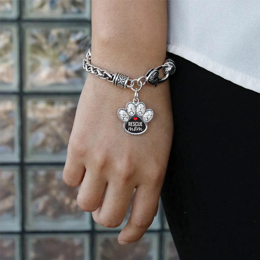 Silver Rescue Mom Pave Paw Charm Braided Bracelet