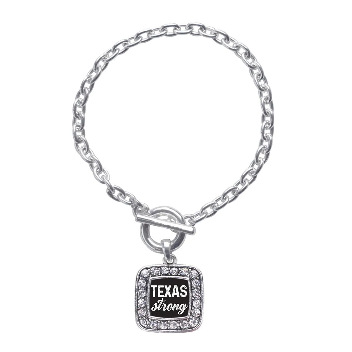 Silver Script Texas Strong Square Charm Toggle Bracelet
