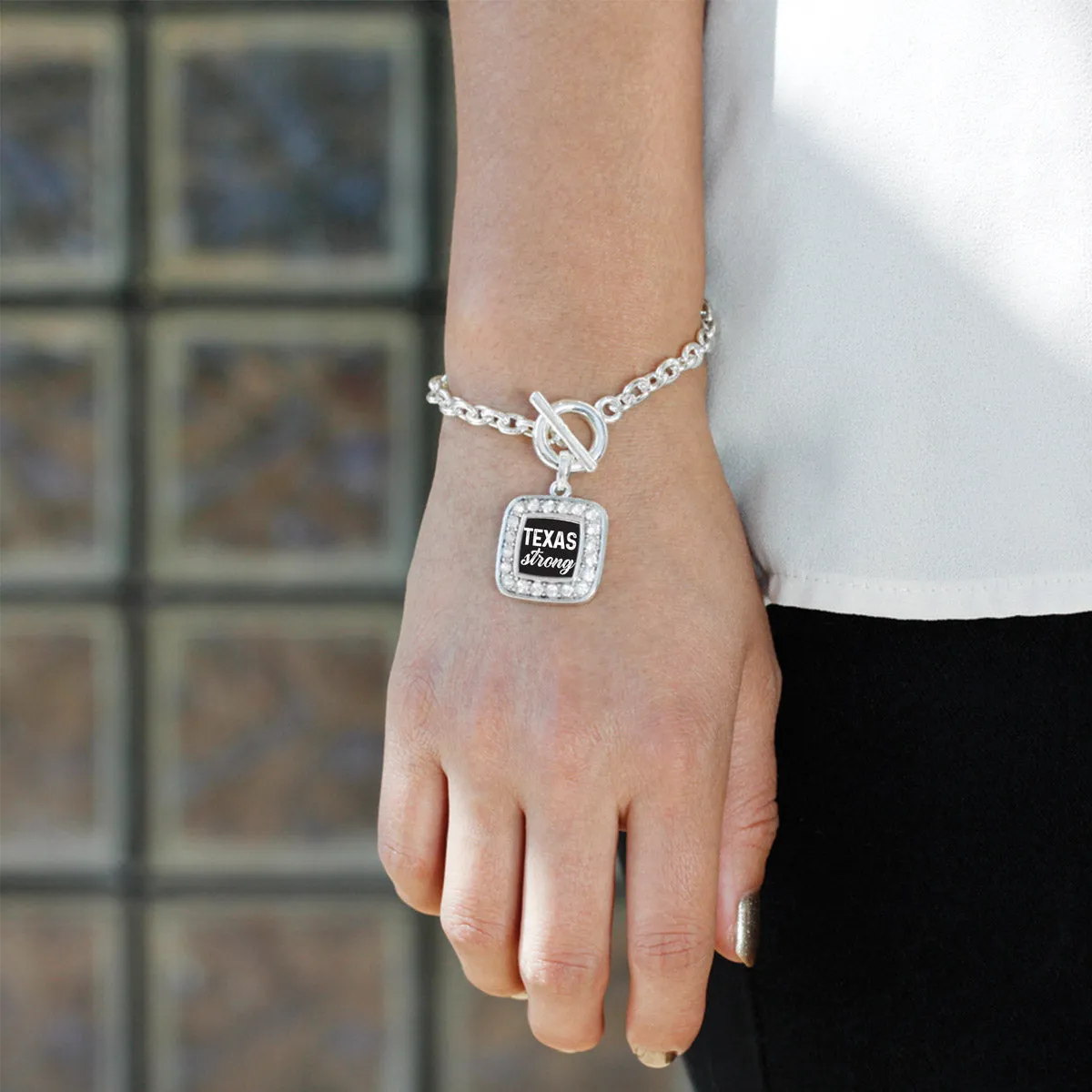 Silver Script Texas Strong Square Charm Toggle Bracelet