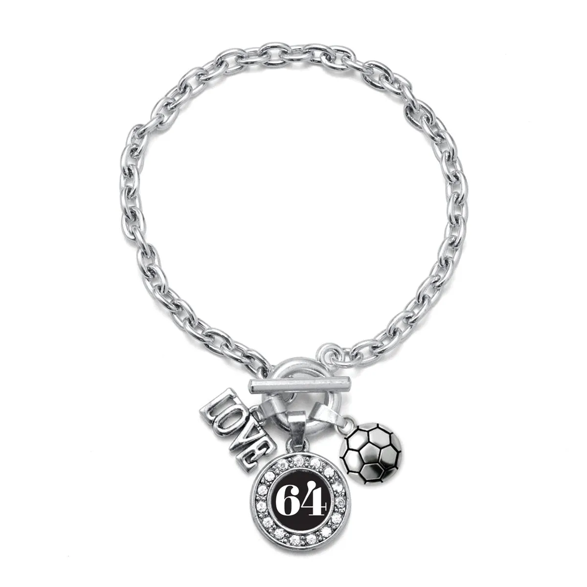Silver Soccer - Sports Number 64 Circle Charm Toggle Bracelet
