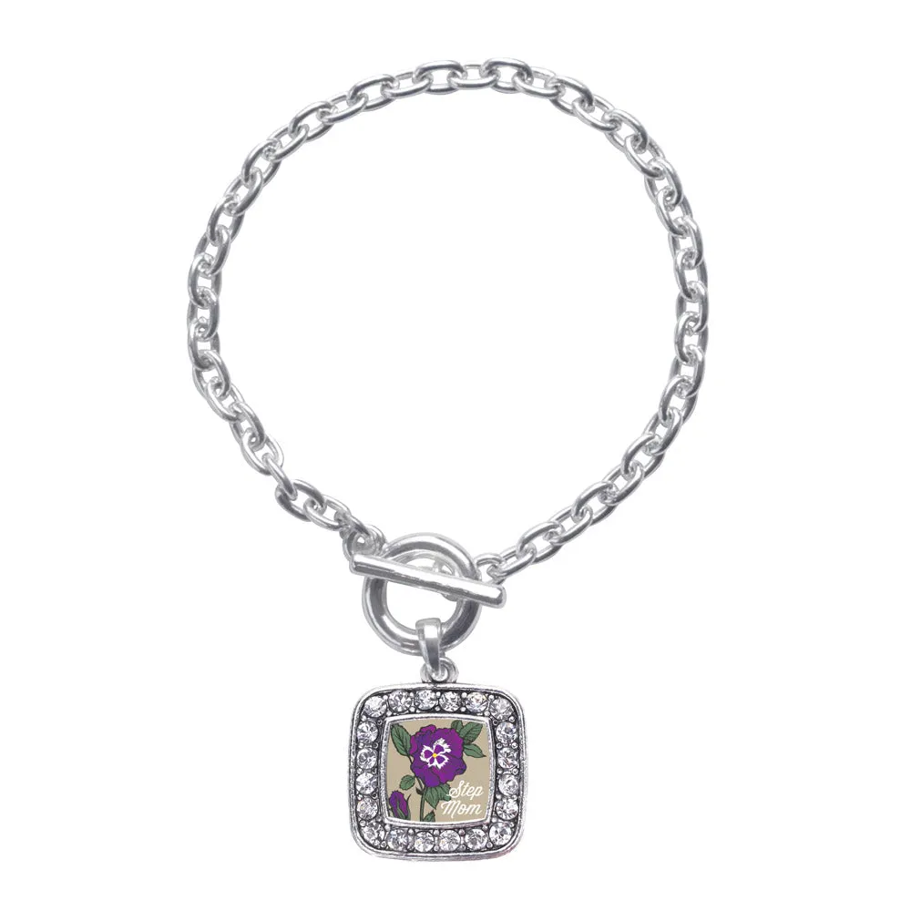 Silver Step Mom Pansy Square Charm Toggle Bracelet