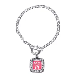 Silver Sweet Sixteen Square Charm Toggle Bracelet