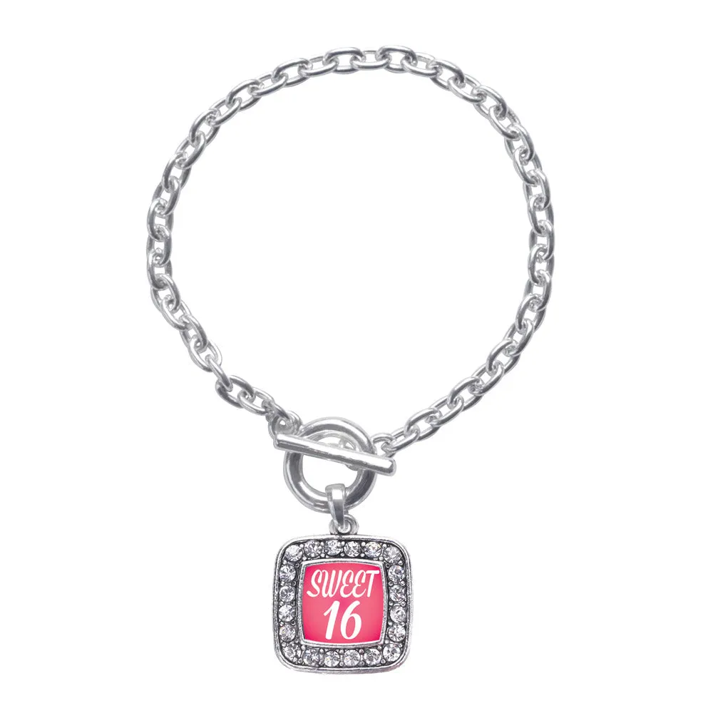 Silver Sweet Sixteen Square Charm Toggle Bracelet