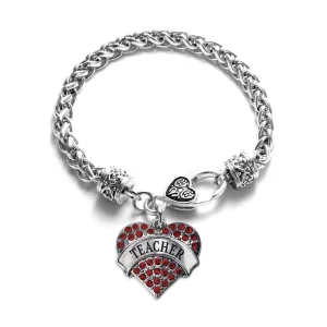 Silver Teacher Red Red Pave Heart Charm Braided Bracelet
