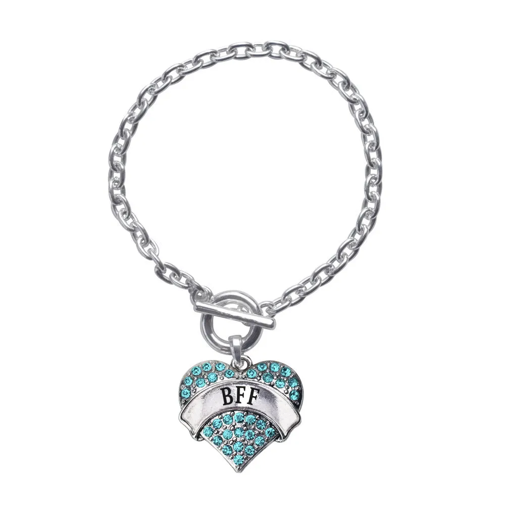 Silver Teal BFF Aqua Pave Heart Charm Toggle Bracelet
