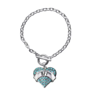 Silver Teal BFF Aqua Pave Heart Charm Toggle Bracelet