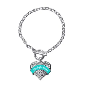 Silver Teal Maid of Honor Pave Heart Charm Toggle Bracelet
