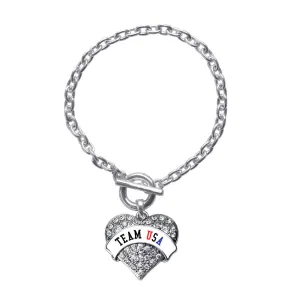 Silver Team USA - White Banner Pave Heart Charm Toggle Bracelet