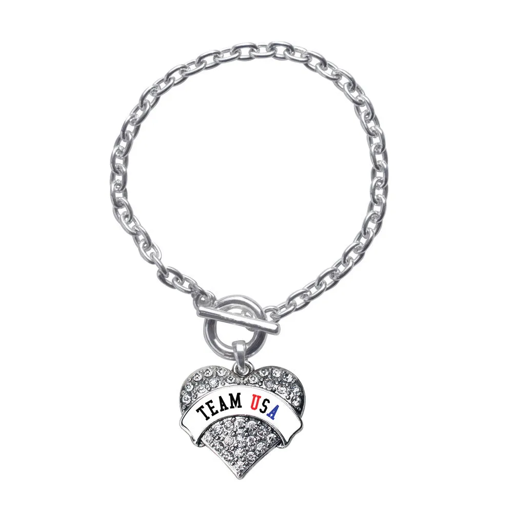 Silver Team USA - White Banner Pave Heart Charm Toggle Bracelet