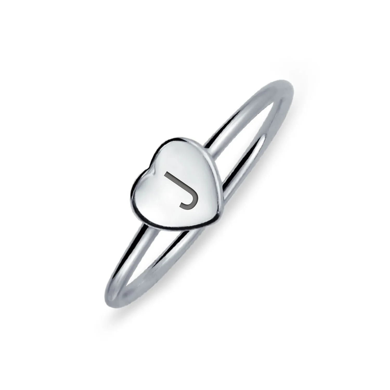 Simple ABC Heart Shape Monogram Initial Silver Ring Sterling A-Z Signet