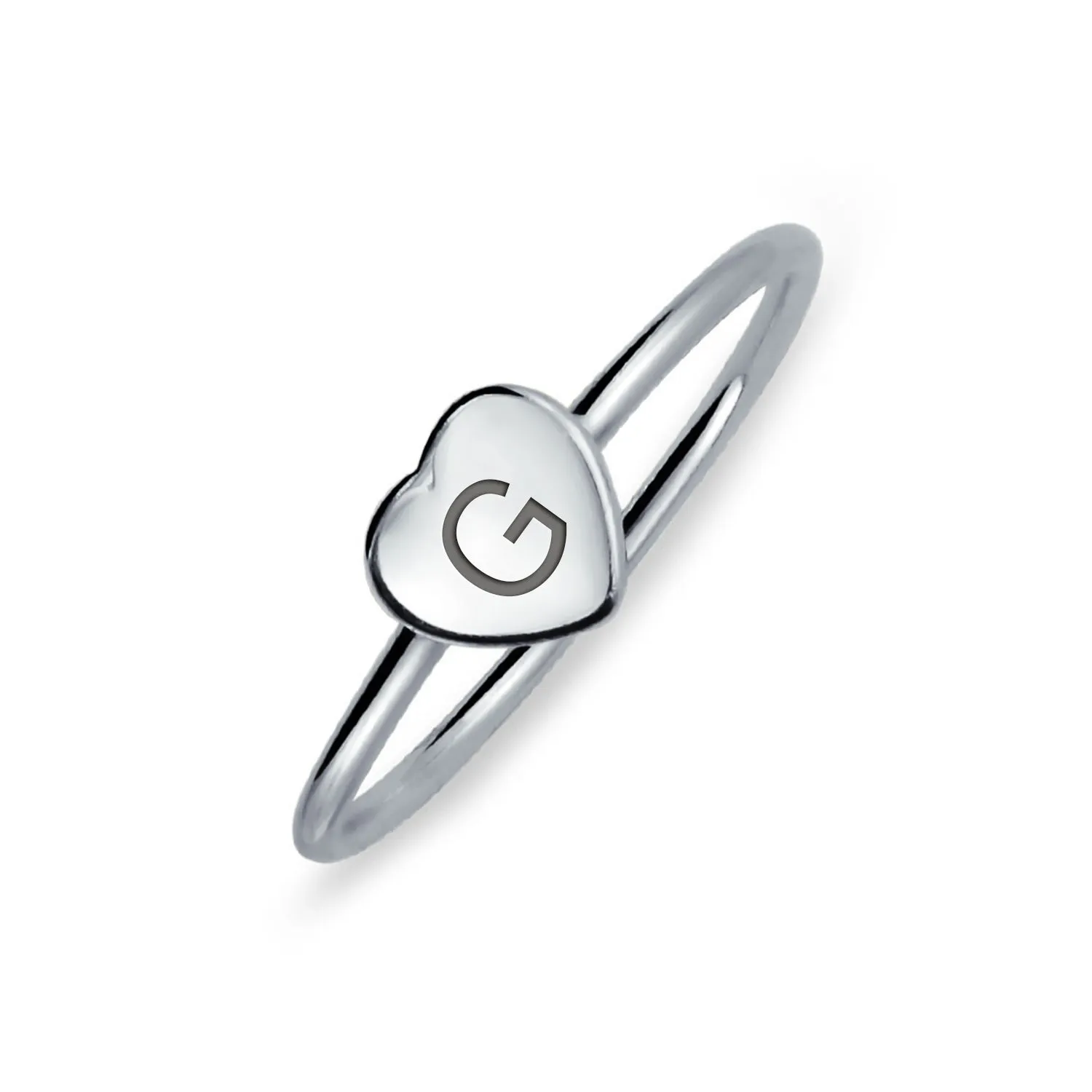 Simple ABC Heart Shape Monogram Initial Silver Ring Sterling A-Z Signet