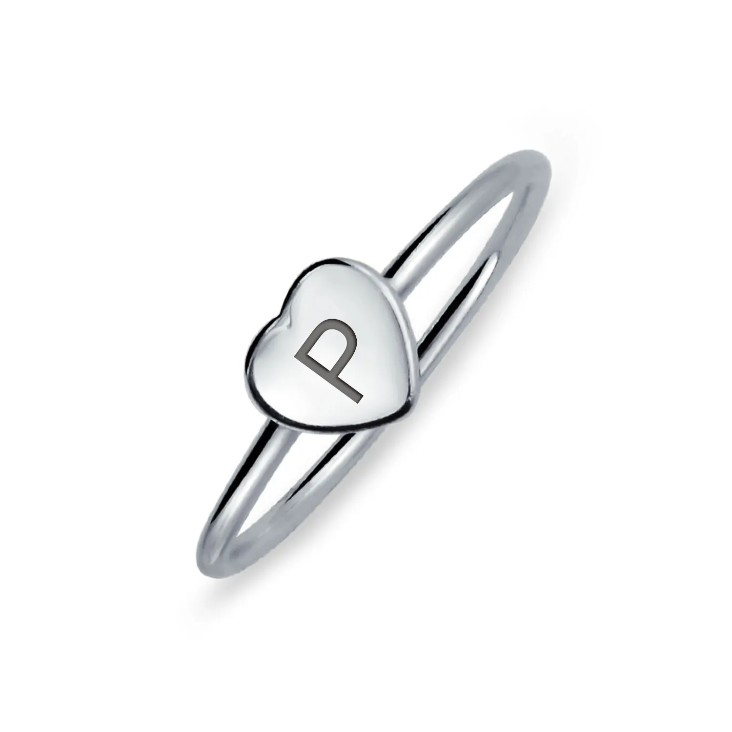 Simple ABC Heart Shape Monogram Initial Silver Ring Sterling A-Z Signet