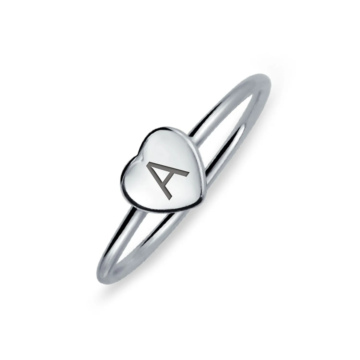 Simple ABC Heart Shape Monogram Initial Silver Ring Sterling A-Z Signet