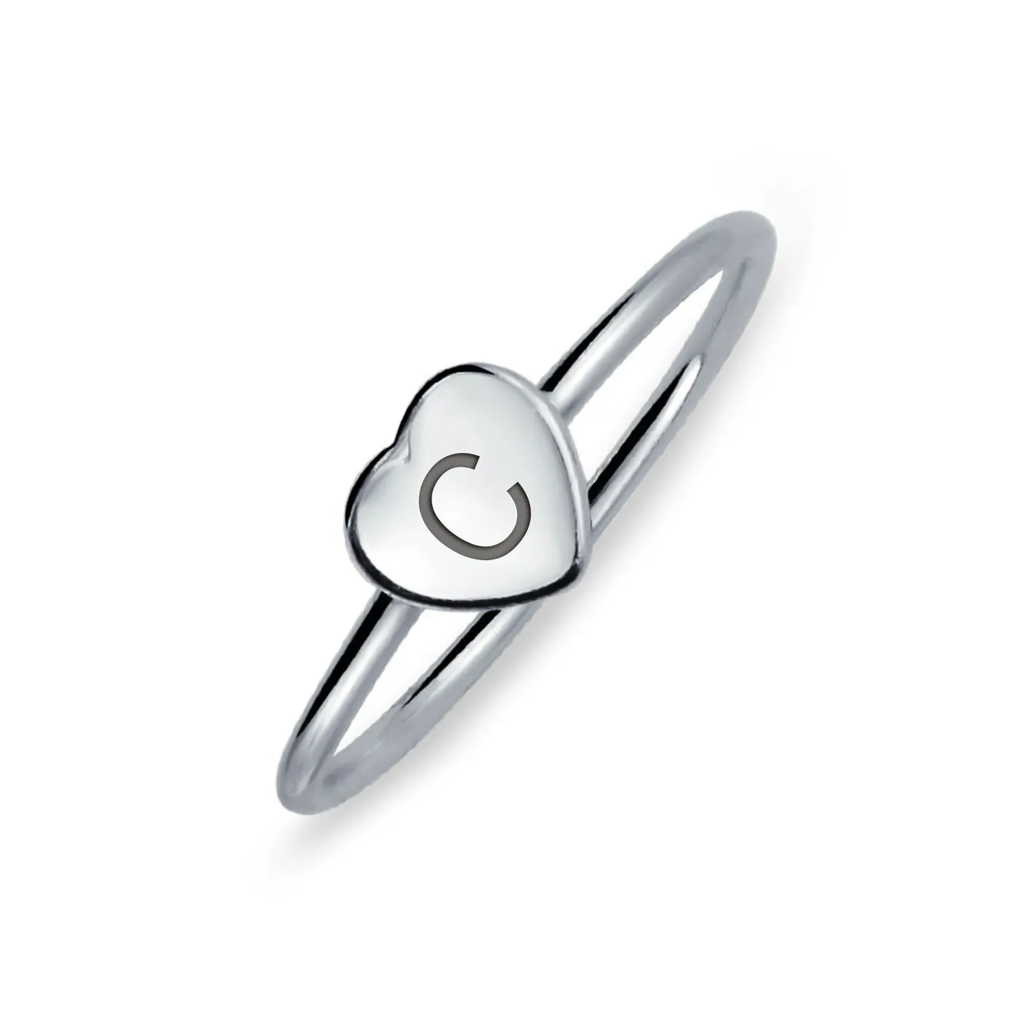 Simple ABC Heart Shape Monogram Initial Silver Ring Sterling A-Z Signet