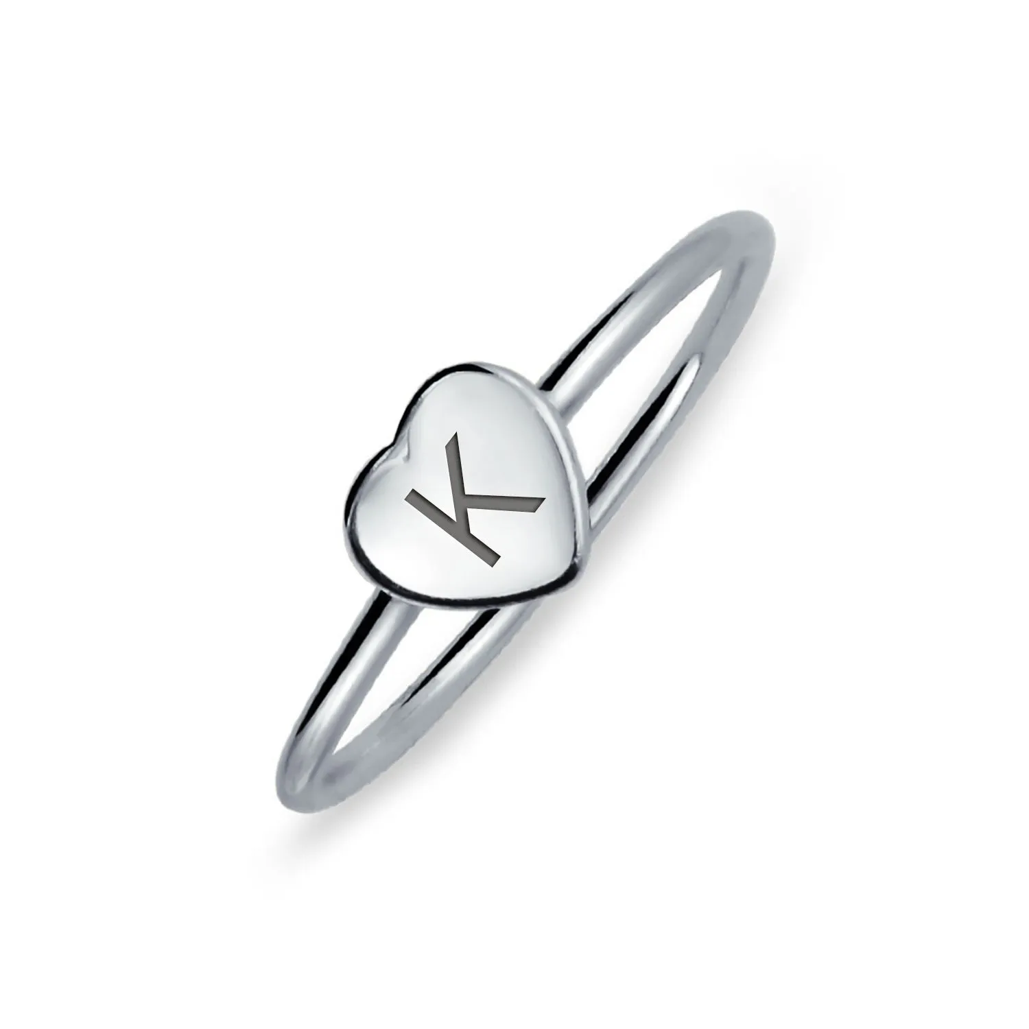 Simple ABC Heart Shape Monogram Initial Silver Ring Sterling A-Z Signet