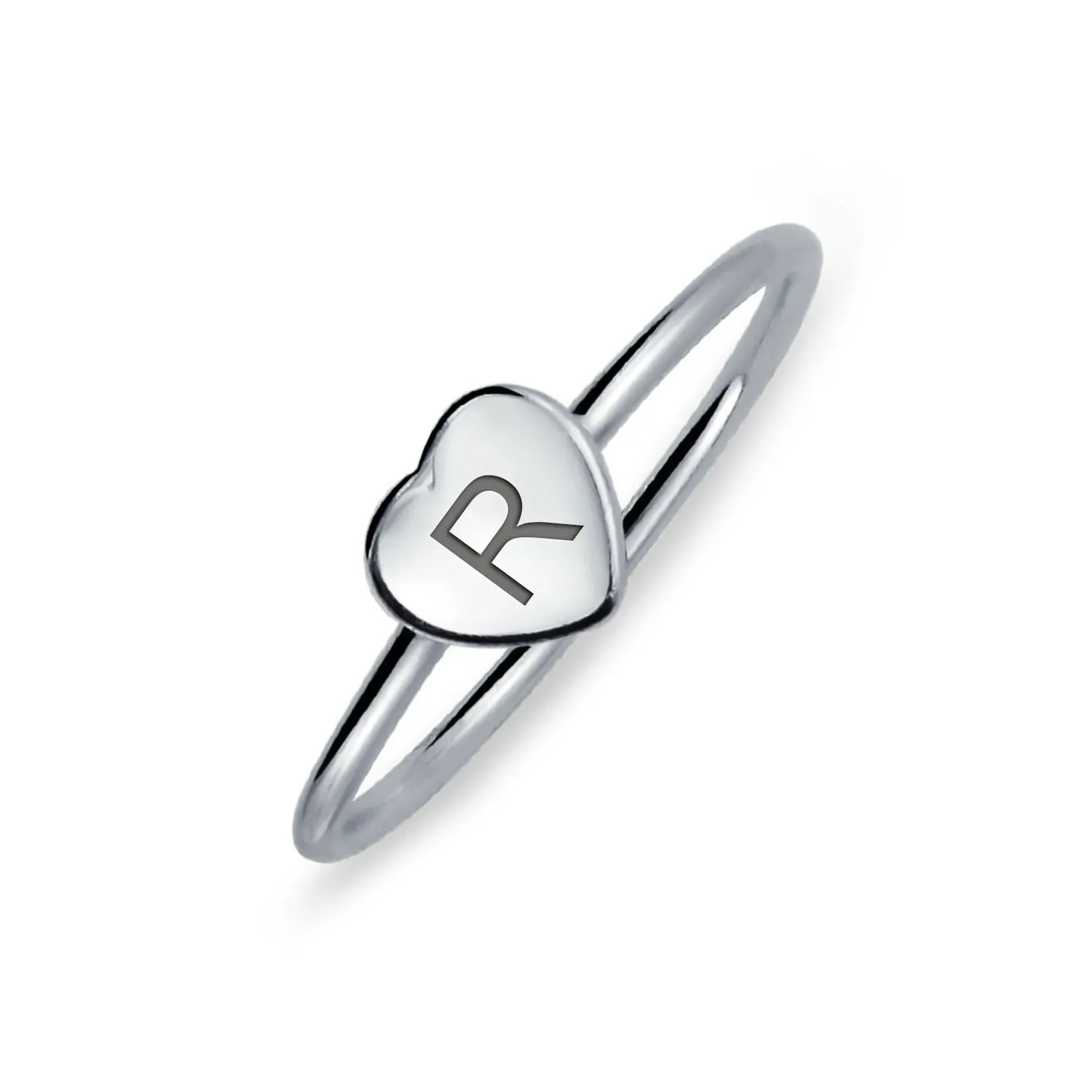 Simple ABC Heart Shape Monogram Initial Silver Ring Sterling A-Z Signet