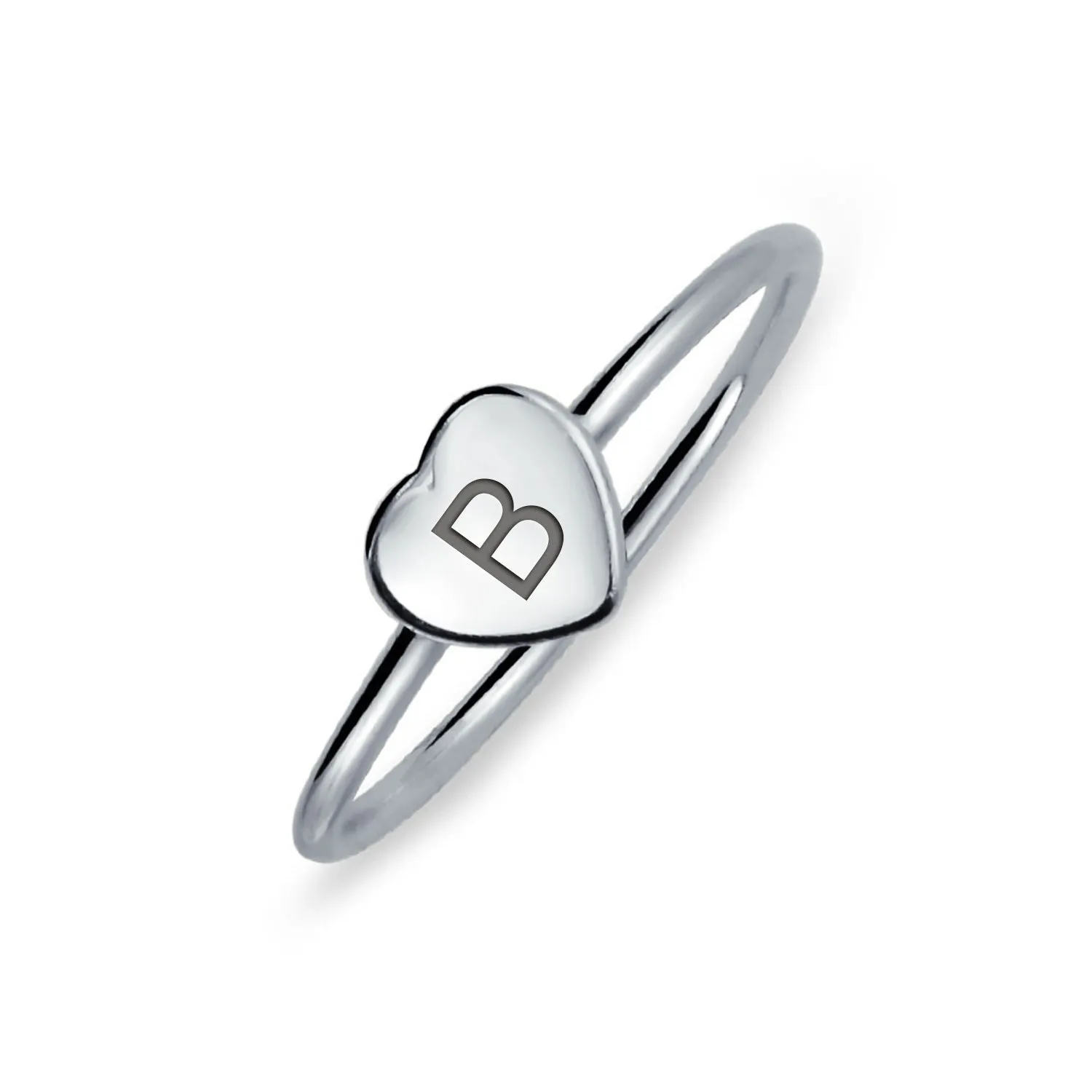 Simple ABC Heart Shape Monogram Initial Silver Ring Sterling A-Z Signet
