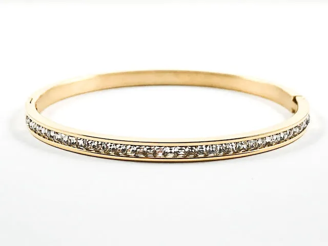 Simple One Row Unique Crystal Pattern Gold Tone Steel Bangle