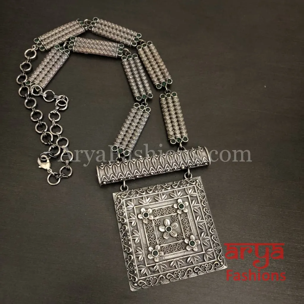 Siya Square Pendant German Silver Tribal Necklace