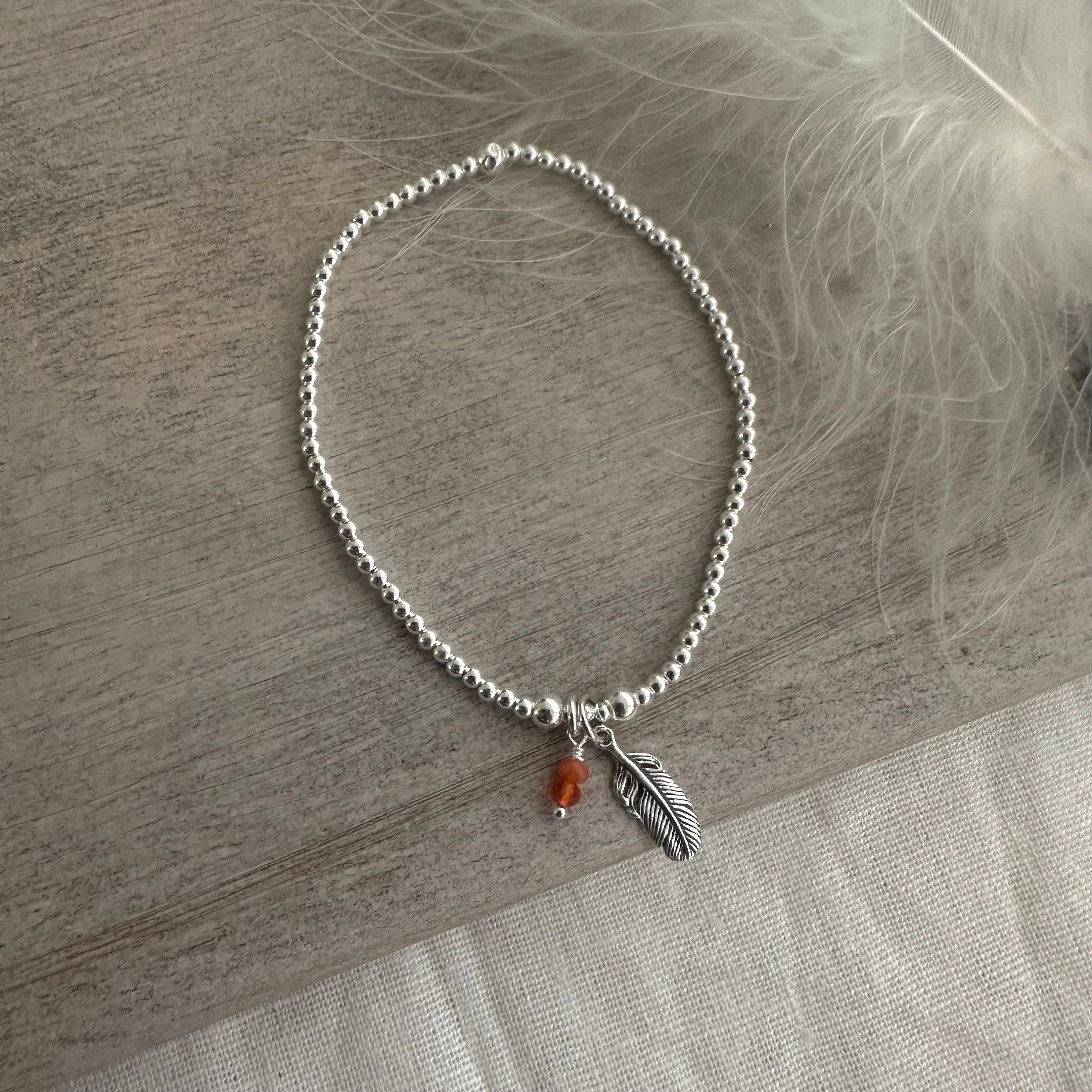 Stretch Feather Birthstone Charm Bracelet, Dainty Layering Sterling Silver bracelet with feather