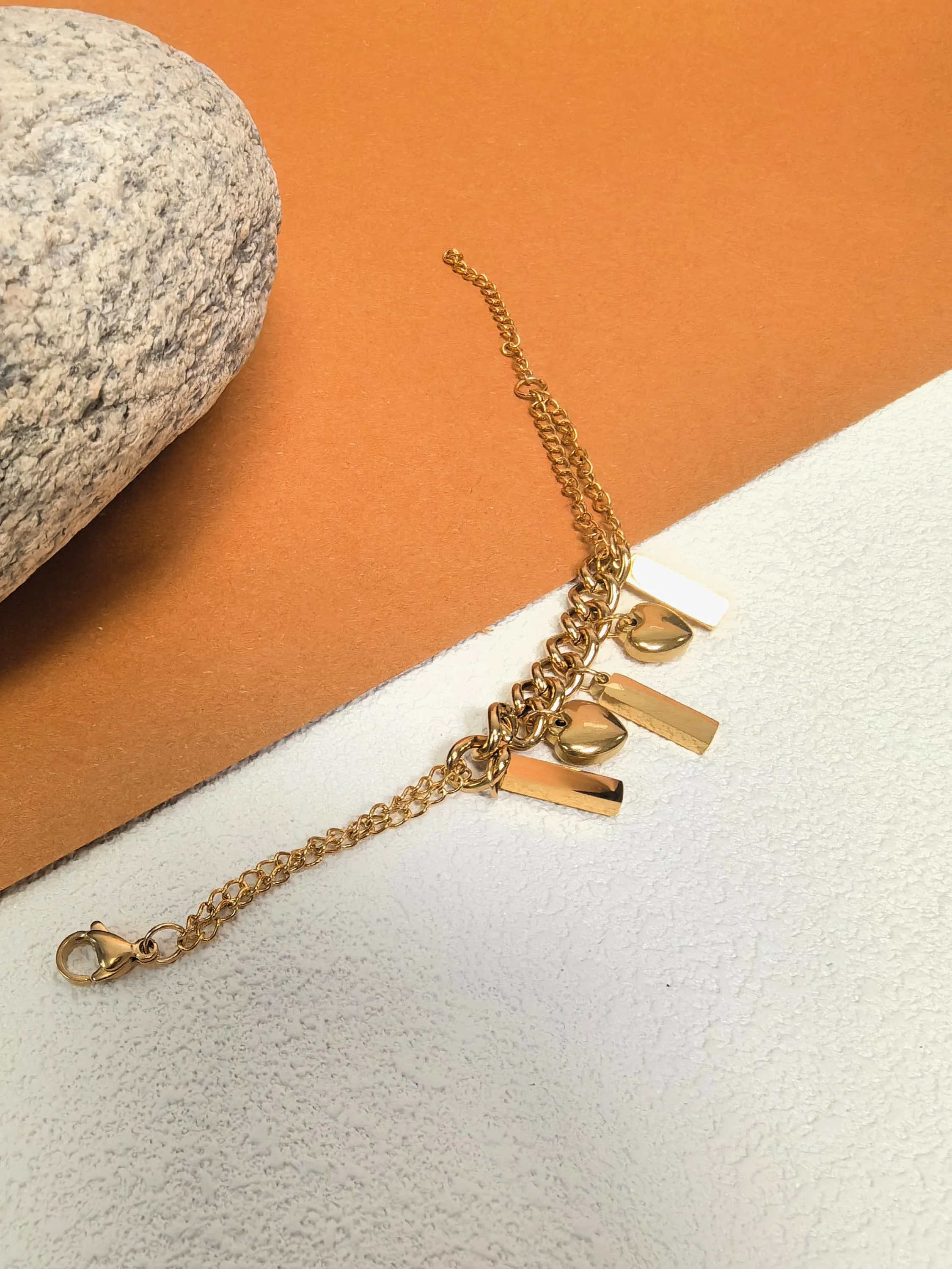 Titanium Steel Gold Link Chain Cuboid Heart Charm Bracelet