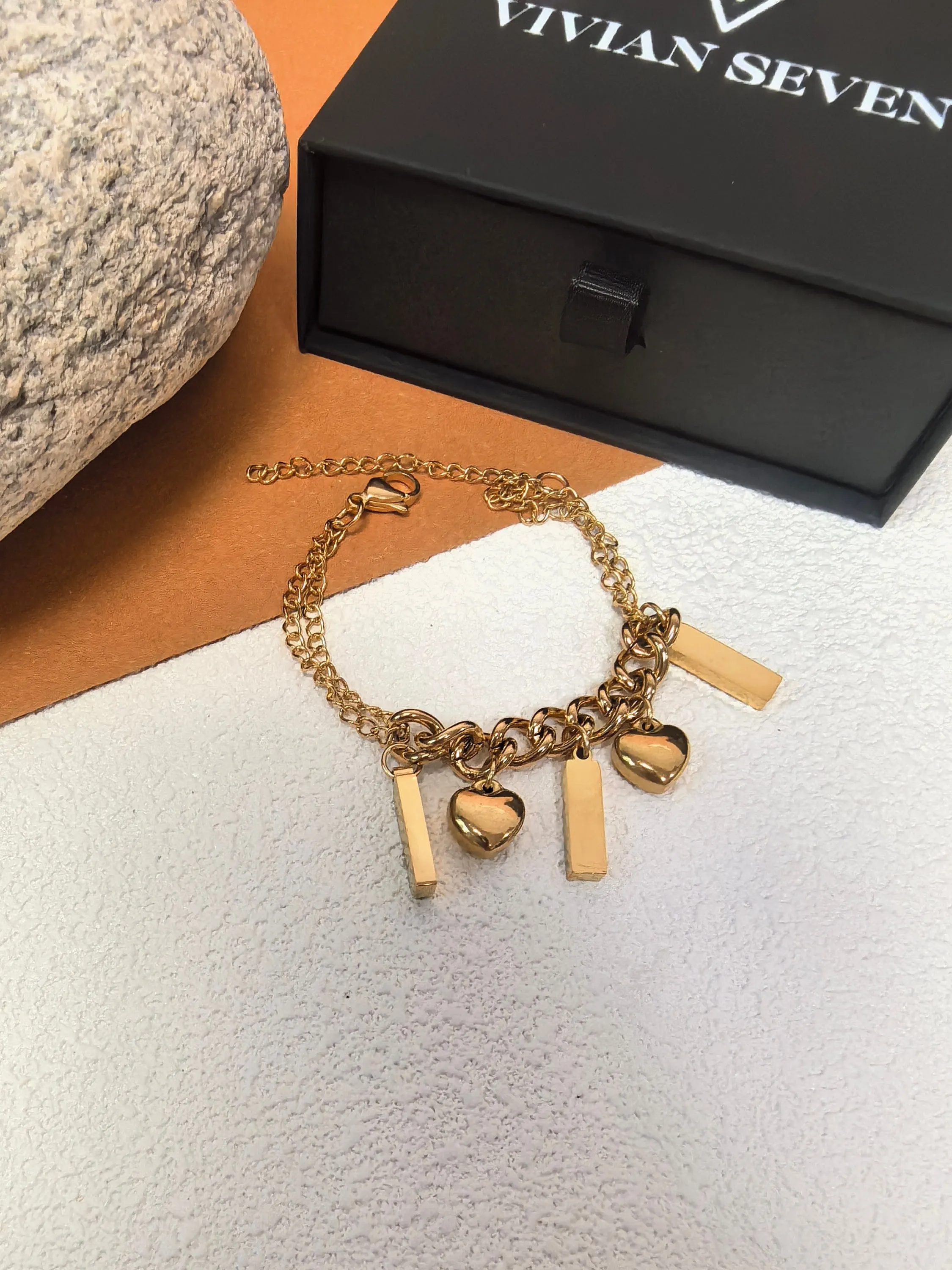 Titanium Steel Gold Link Chain Cuboid Heart Charm Bracelet