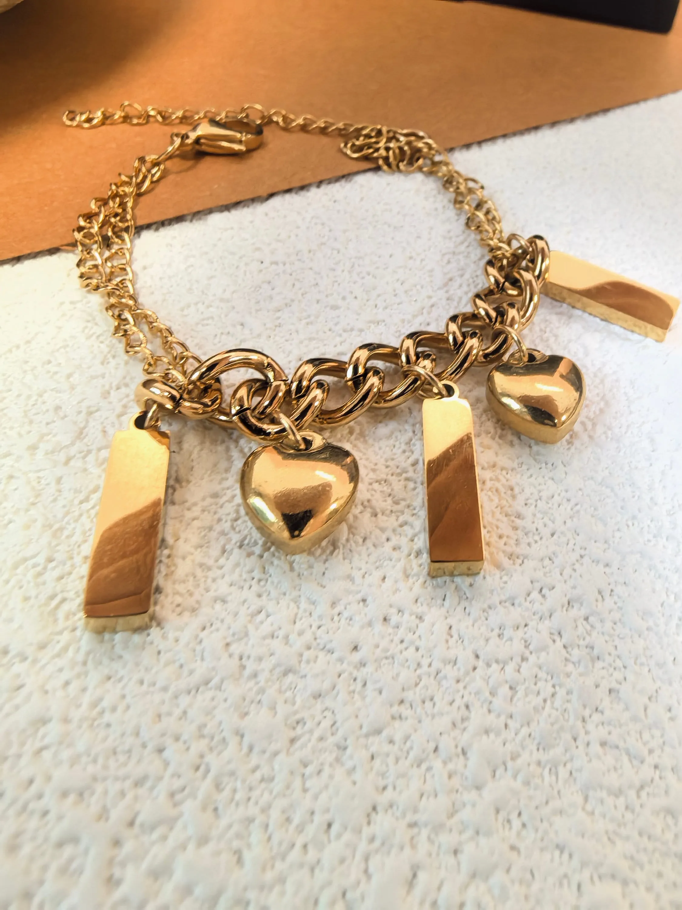 Titanium Steel Gold Link Chain Cuboid Heart Charm Bracelet