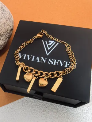 Titanium Steel Gold Link Chain Cuboid Heart Charm Bracelet