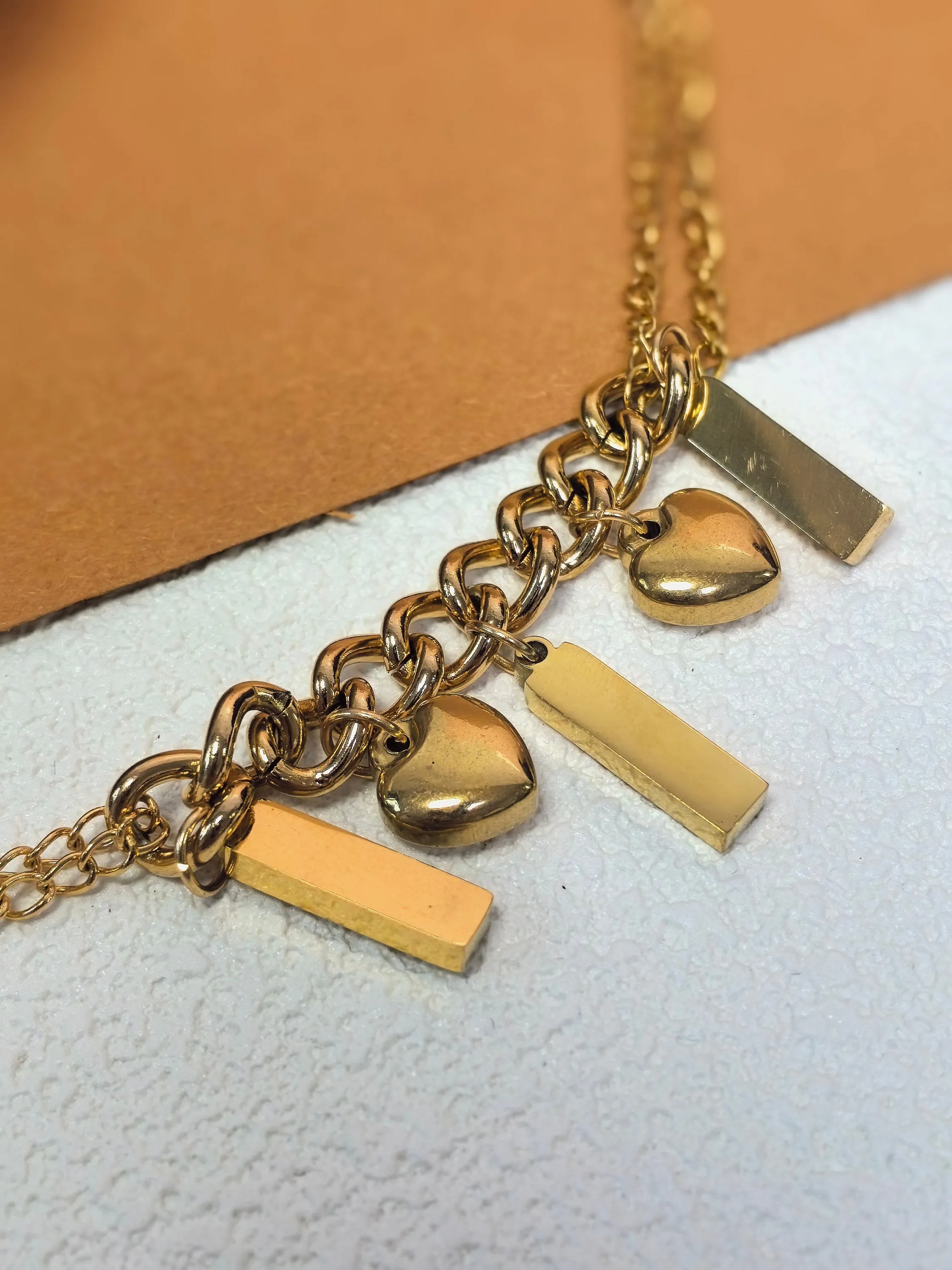 Titanium Steel Gold Link Chain Cuboid Heart Charm Bracelet