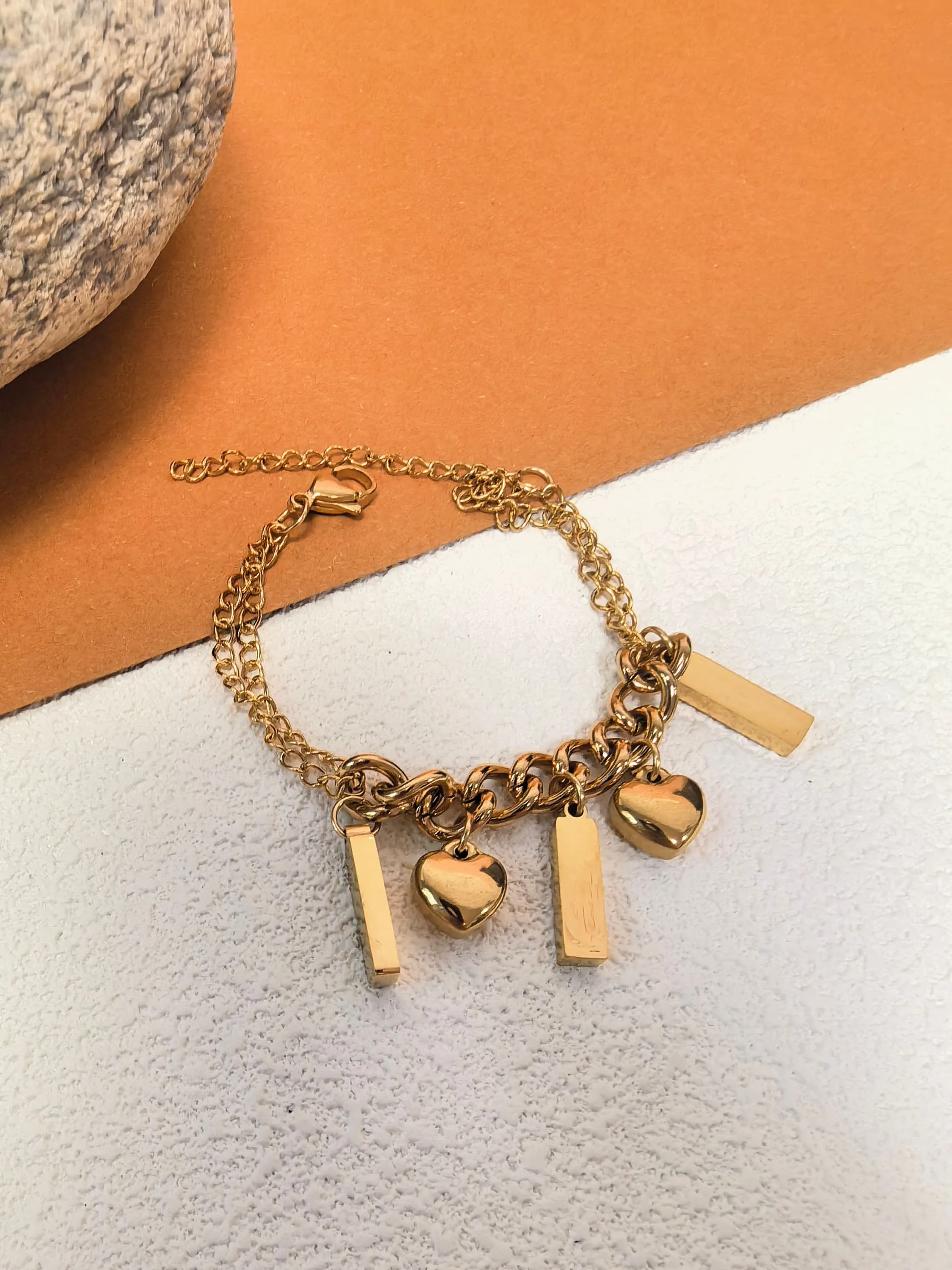 Titanium Steel Gold Link Chain Cuboid Heart Charm Bracelet