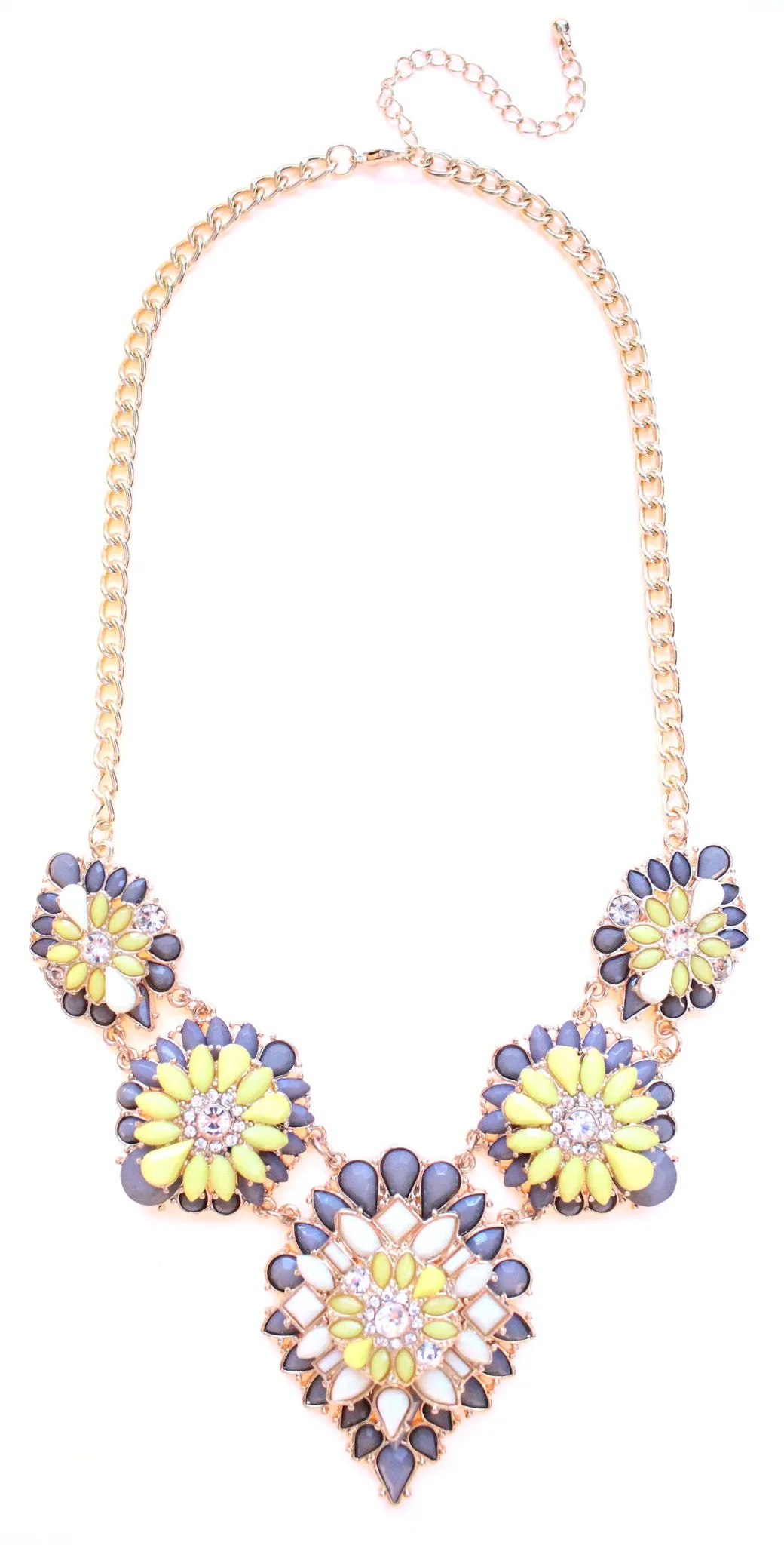 Tri-Color Blossoming Jeweled Necklace- Gray & Yellow