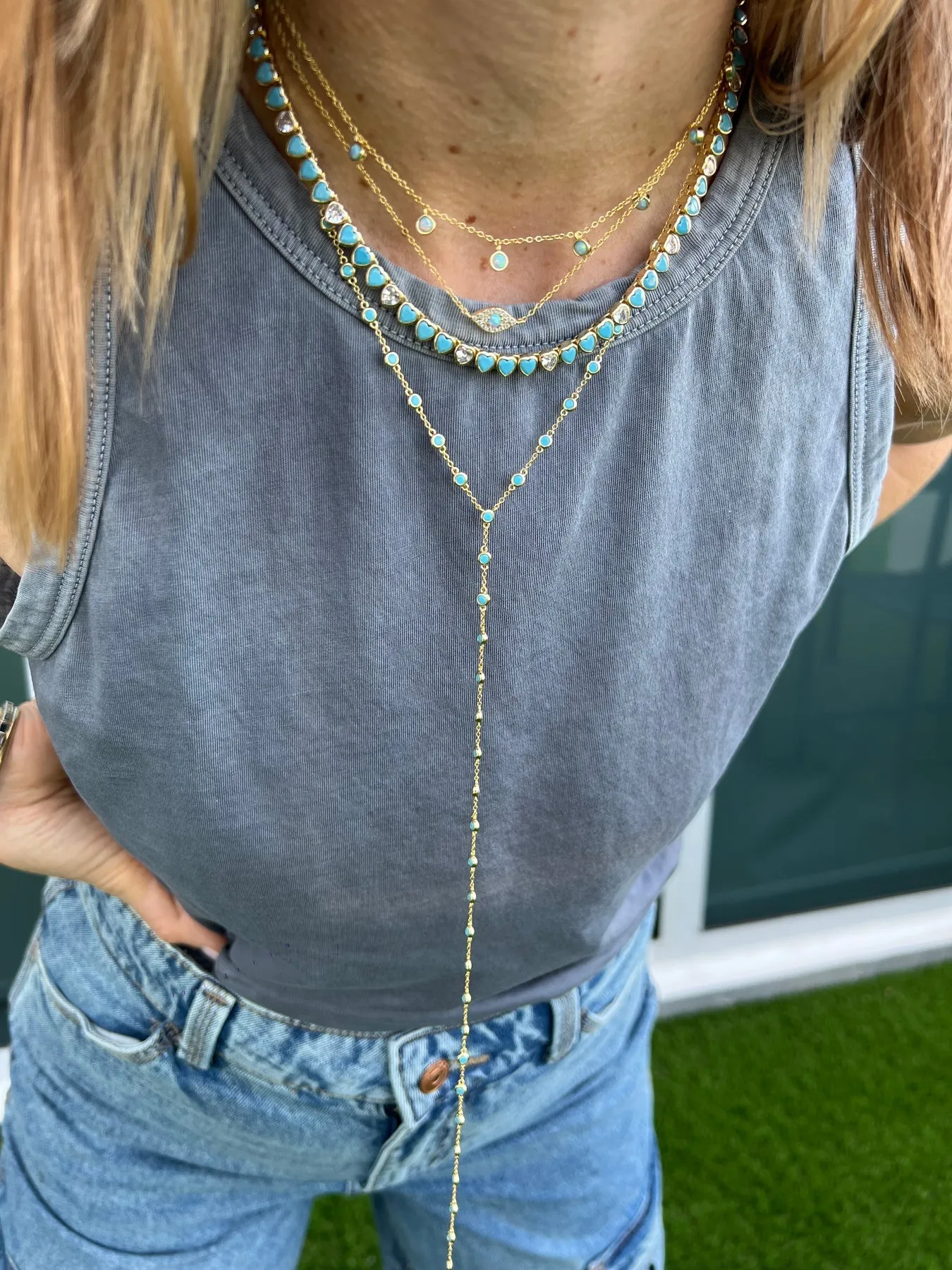 Turquoise CZ Bezel Lariat Necklace
