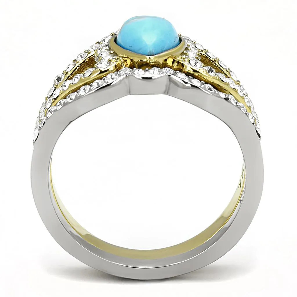 Two-Tone IP Gold (Ion Plating) Stainless Steel Ring with Synthetic Turquoise in Turquoise for Women Style TK3124