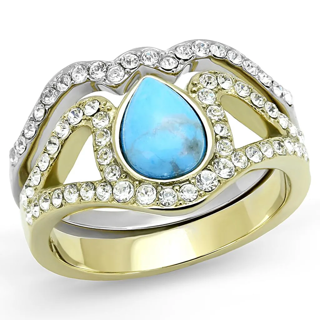 Two-Tone IP Gold (Ion Plating) Stainless Steel Ring with Synthetic Turquoise in Turquoise for Women Style TK3124