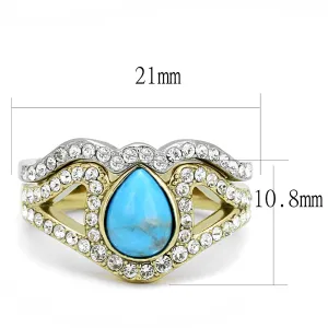 Two-Tone IP Gold (Ion Plating) Stainless Steel Ring with Synthetic Turquoise in Turquoise for Women Style TK3124