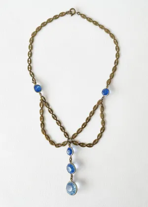 Vintage 1930s Blue Crystal and Brass Necklace