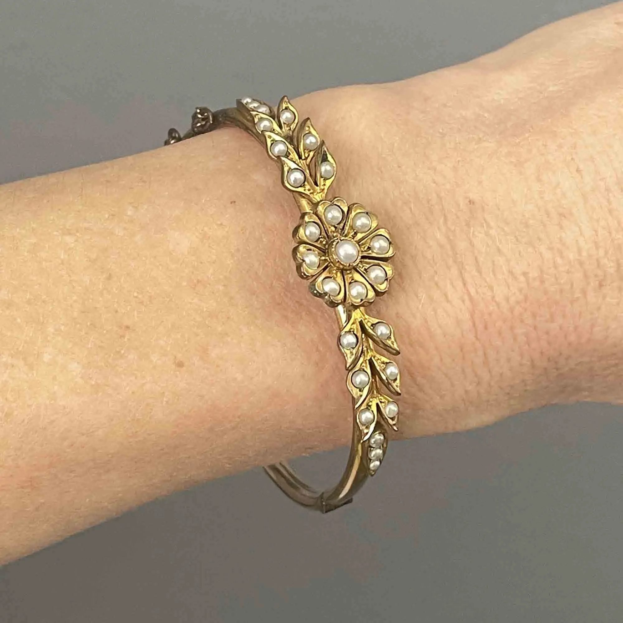 Vintage Victorian Style Seed Pearl Floral Bangle Bracelet