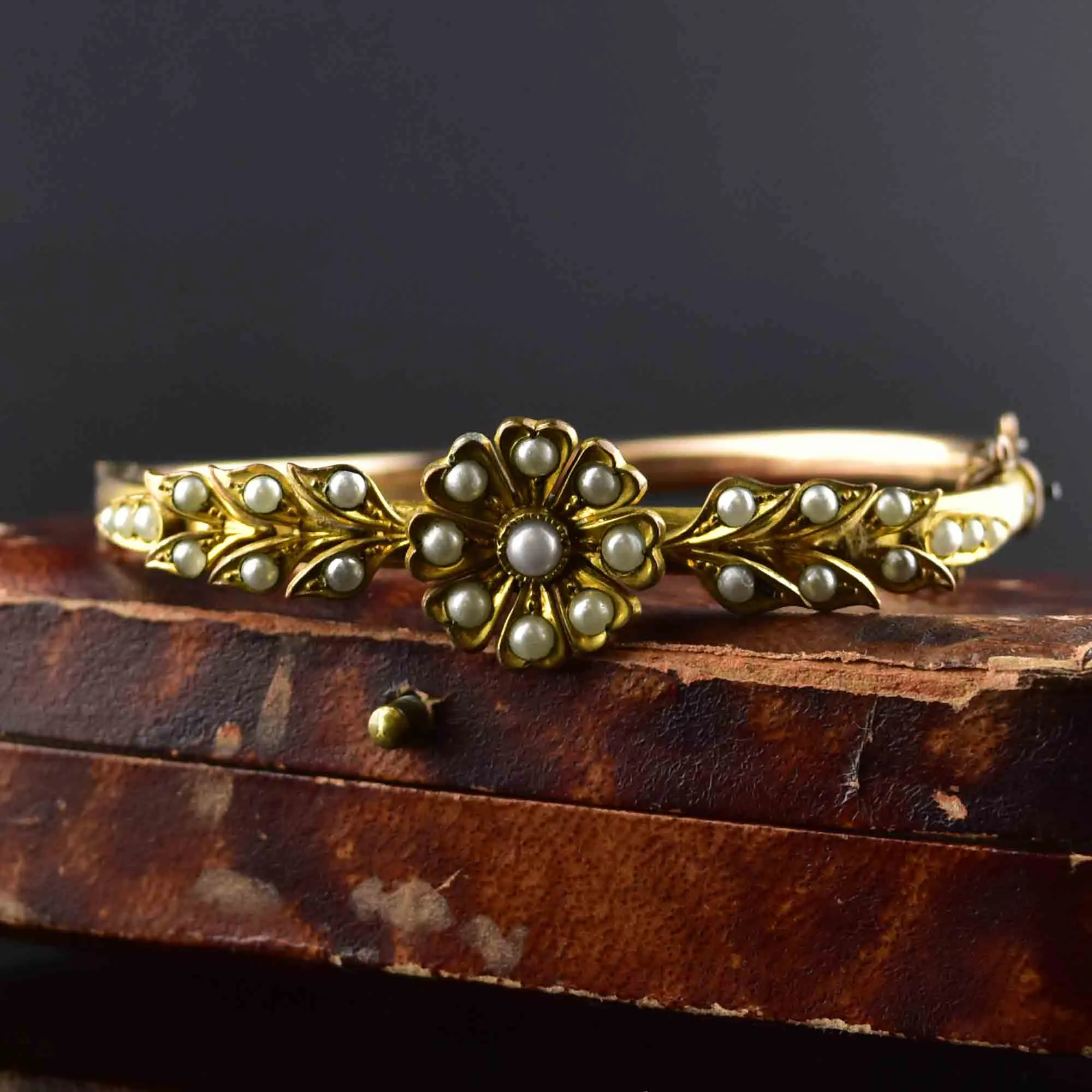 Vintage Victorian Style Seed Pearl Floral Bangle Bracelet