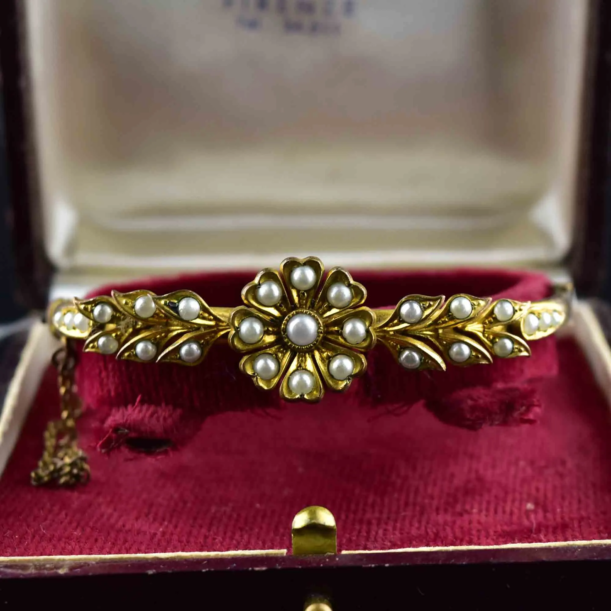 Vintage Victorian Style Seed Pearl Floral Bangle Bracelet