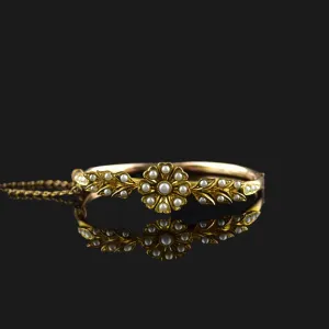 Vintage Victorian Style Seed Pearl Floral Bangle Bracelet