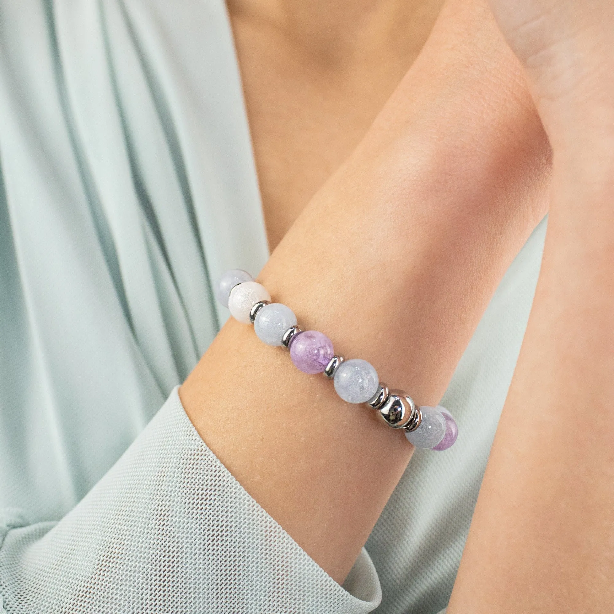 Women's Calming Wisdom Bracelet with Aquamarine, Amethyst,  Belomorite (Moonstone) and Silver Steel