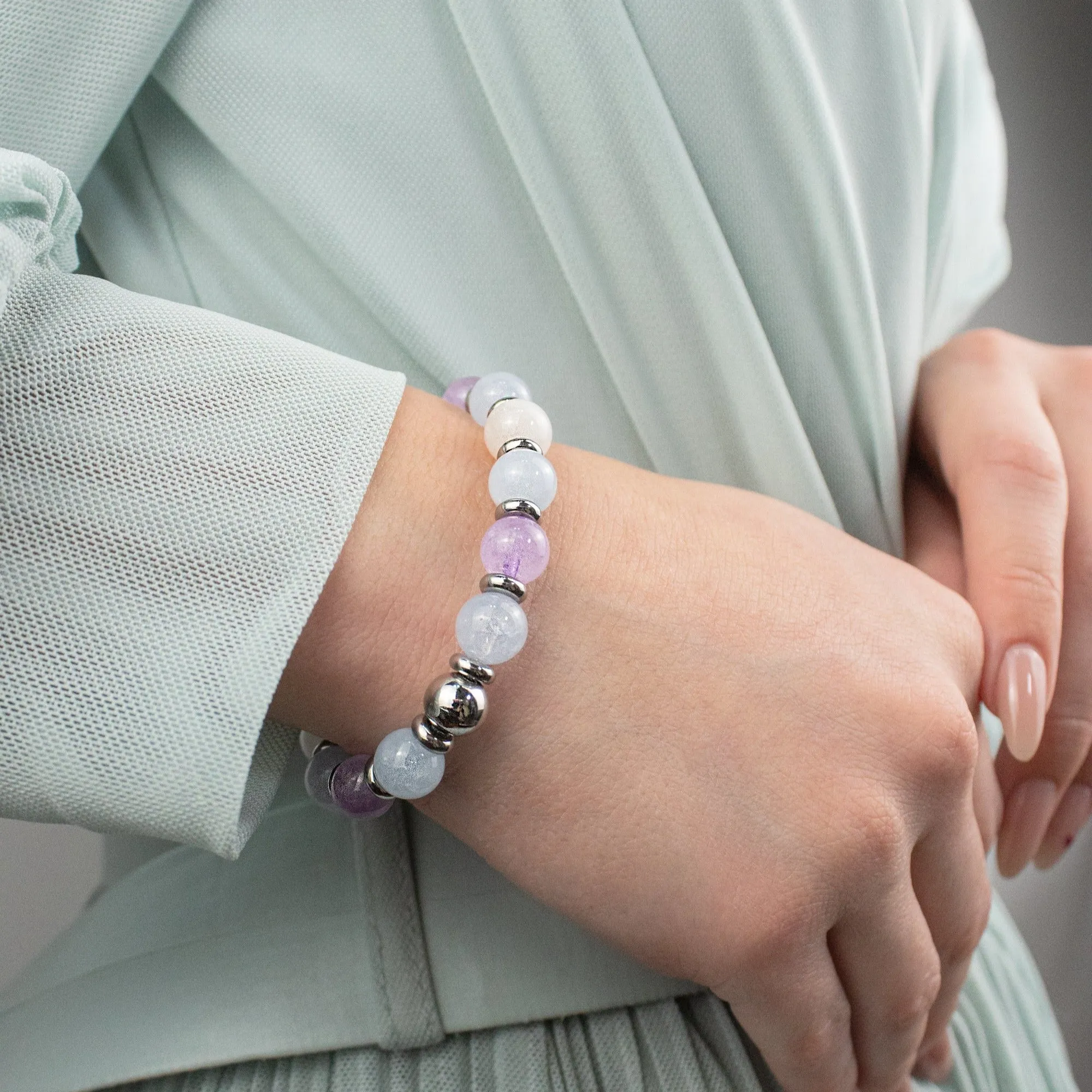 Women's Calming Wisdom Bracelet with Aquamarine, Amethyst,  Belomorite (Moonstone) and Silver Steel